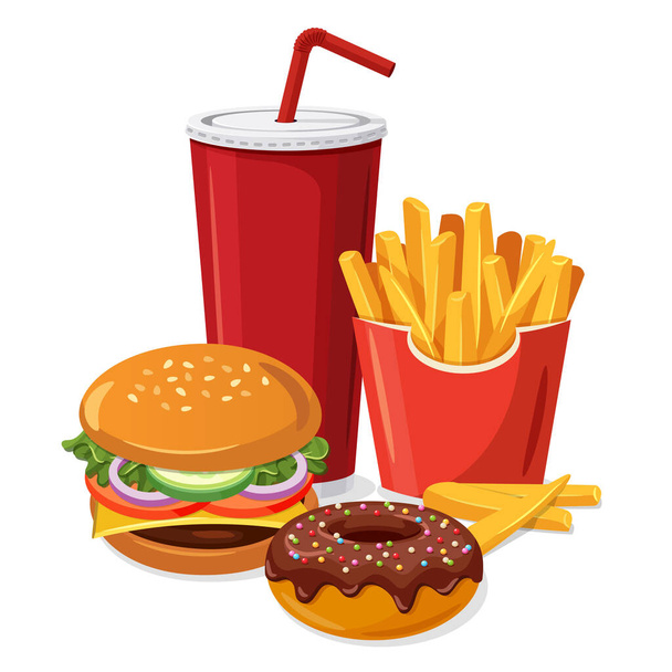 Fast food meal set with classic cheese burger, grilled meat, french fries, glazed donut and soft drink cup. Vector illustration isolated on white background - Vetor, Imagem