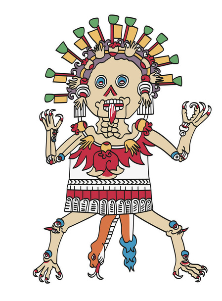 Tzitzimitl, Azteekse godheid, geassocieerd met sterren, afgebeeld als skelet vrouwelijke figuur. Als de mensheid faalt, zal de zon zwart worden en de Tzitzimimeh zal de mensheid doden tijdens catastrofale aardbevingen.. - Vector, afbeelding