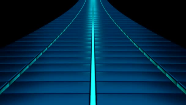 Estrada de ferro digital azul abstrato sem fim sobre um fundo preto. Desenho. Voando acima do caminho de ferro futurista fletor. - Filmagem, Vídeo