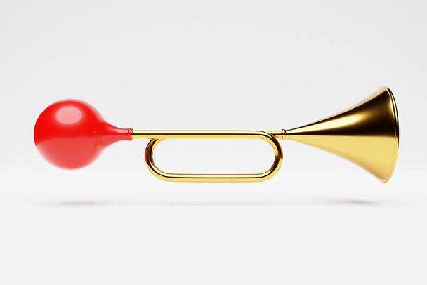 Illustration en 3D d'un instrument de musique trompette de couleur rouge-or en dessin animé sur fond blanc isolé. - Photo, image