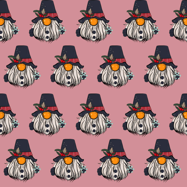 Illustration sans couture d'un gnome avec une barbe dans un chapeau. Nouvel an et symbole de Noël sur fond rose. - Photo, image