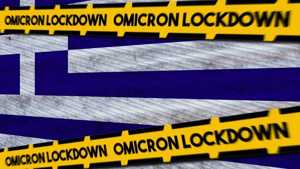 Grecia Bandera y Omicron Lockdown Nuevo Coronavirus Variante Título Ilustración 3D - Foto, Imagen