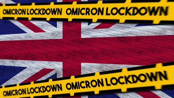 Reino Unido Bandera y Omicron Lockdown Nuevo Coronavirus Variante Título Ilustración 3D - Foto, Imagen
