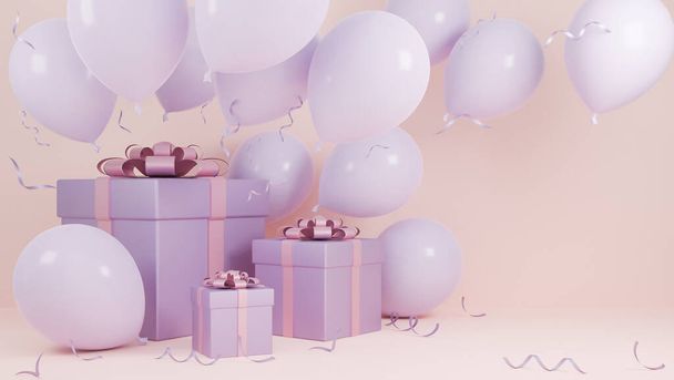 Urlaub Weihnachten und ein glückliches neues Jahr pastellrosa Hintergrund mit einem Geschenkkarton und Luftballon., 3D-Modell und Illustration. - Foto, Bild