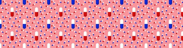 Drawing of images of medical capsules on purple-red background. Template for applying to surface. medicine. seamless pattern. Banner for insertion into site. 3D rendering. 3D image - Photo, Image