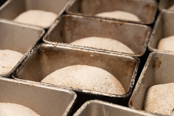 Bread dough in a black metal baking dish on a kitchen countertop. Rye-free rye bread - Photo, Image