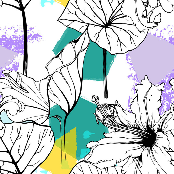 Floral Black White Print. Tropical Jungle Leaf on Geometric Brush Shapes. Modern Motif. Foliage Summer Seamless Pattern. Trending Vector Background. Artistic Botanical Surface. Plant Texture Fashion. - Вектор, зображення