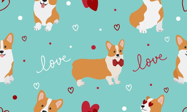 Seamless pattern with corgis and hearts. Background for wrapping paper, greeting cards and seasonal design. Happy Valentine's Day. - Vector, Image