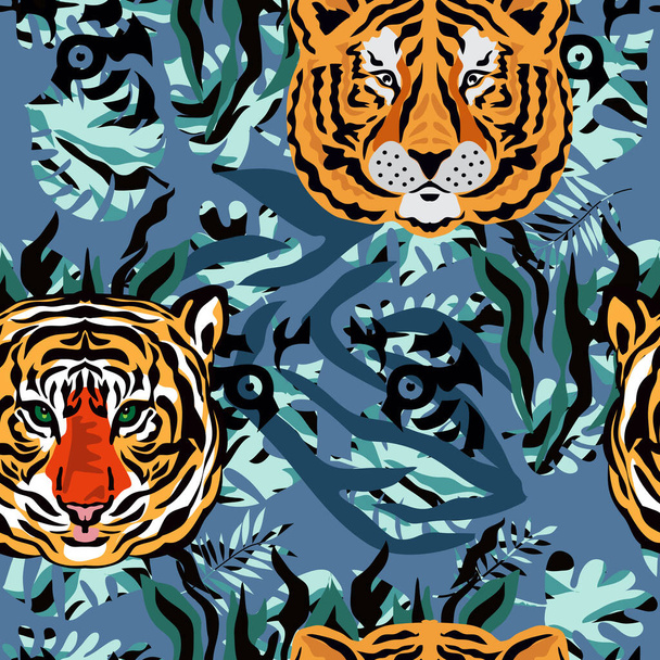 Tiger  and tropical plants, flowers,  leaves. Beautiful  seamless pattern  iin cartoon realistic flat style Modern fashion print skin for textile, fabric, wallpaper Safari art style Vector illustration - Vektori, kuva
