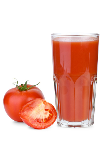 Drinking glass filled with tomato juice and tomatoes near - Photo, Image