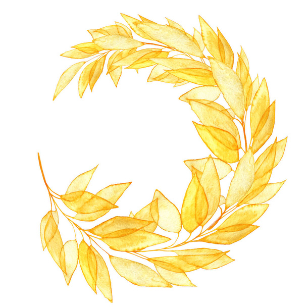 Branche dorée avec des feuilles transparentes incurvées dans un cercle isolé sur fond blanc dessin à la main aquarelle - Photo, image