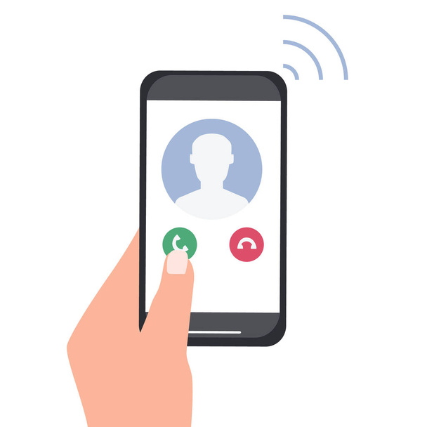 A hand holds a smartphone with an incoming call. Portrait of a person from contacts on the phone screen. Mobile applications and Internet technology. Vector flat illustration. - Vettoriali, immagini