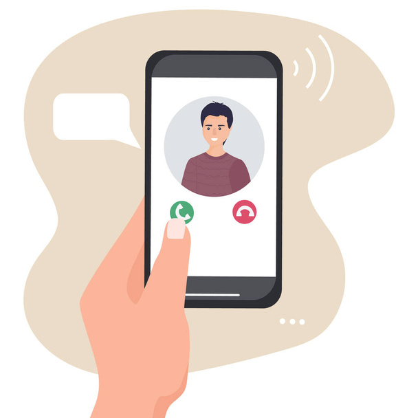Egy kéz tart egy okostelefont bejövő hívással. Egy személy portréja a képernyőn lévő kontaktlencsékről. Mobil alkalmazások és internetes technológia. Vektorlapos illusztráció. - Vektor, kép