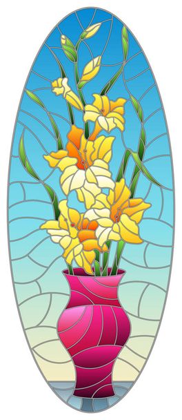 Illustration en vitrail avec des bouquets de gladioles dans un vase rose sur table sur fond bleu, image ovale - Vecteur, image