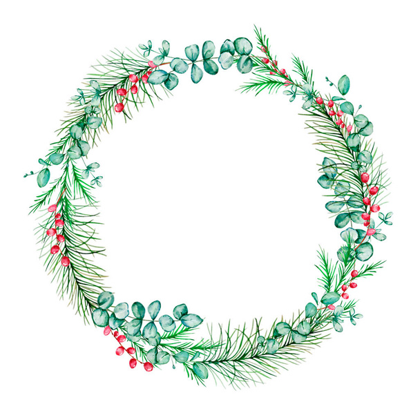 Watercolor Christmas floral wreath. Botanical design postcard with traditional decor of winter plants isolated on white background - Foto, Imagem