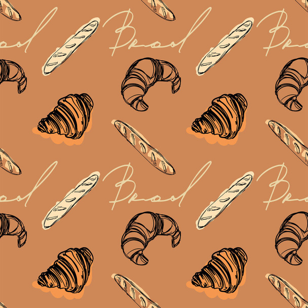 Croissants estilo dibujado a mano, elementos de baguette patrón vectorial en el fondo marrón. Elegantes panes franceses y elementos de panadería. Pastelería Croissant. Hora del desayuno. Letra dibujada a mano. - Vector, Imagen