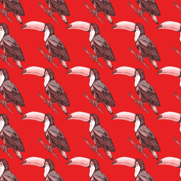 Υδατογραφία αδιάλειπτη μοτίβο με τουκάν. Εξωτική βοτανική ζούγκλα ταπετσαρία με τροπικό πουλί και φύλλα. Φωτεινό φόντο καλοκαιρινό μοτίβο. - Φωτογραφία, εικόνα