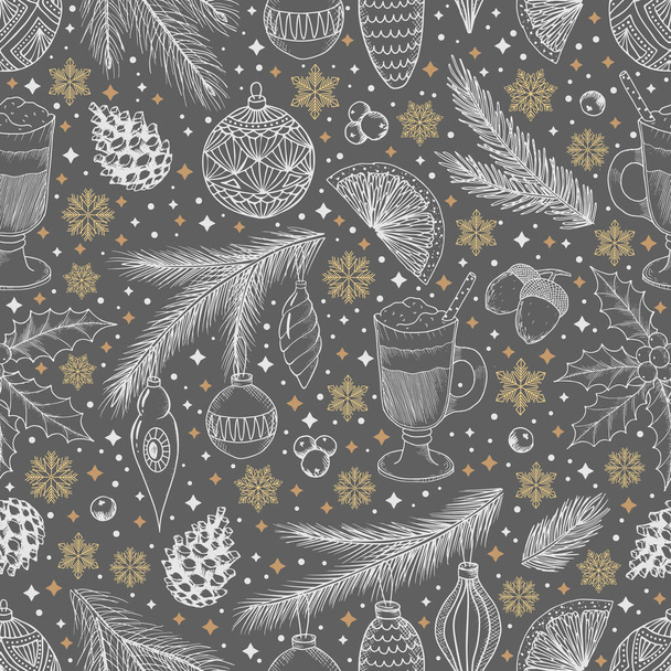 Winter seamless pattern with Christmas tree branches and berries. Vector illustration background - Vetor, Imagem