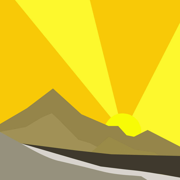 Nature vector background, landscape with mountains and yellow sky. Panorama of mountains, trails, sand, valleys at sunset or sunrise. - Vector, Image
