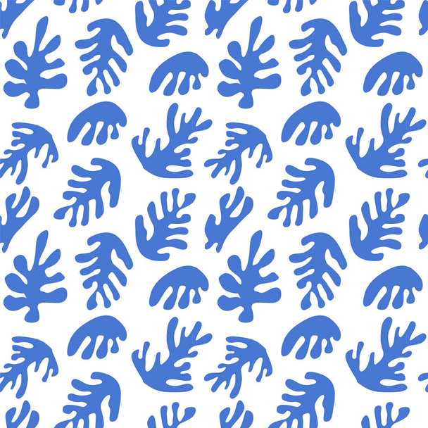 Trendy seamless pattern with abstract organic cut out Matisse inspired shapes of algae or corals in blue color. Vector illustration in flat style for wrapping paper, textile print, wallpaper. - Vektor, Bild