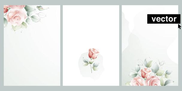 Ready to use vector Cards. Herbal Watercolor style  invitation design with pink roses flowers, buds, leaves, and branches. Perfect for invitation background, wedding concept, decorative greeting card, and eco poster. - Vettoriali, immagini