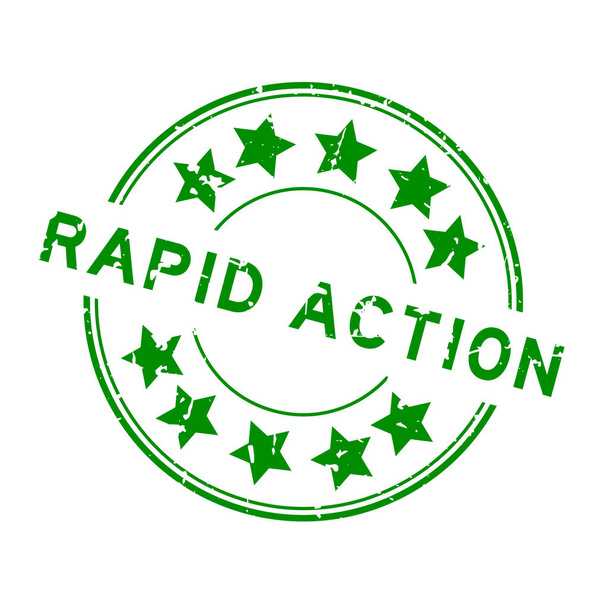 Palabra de acción rápida verde grunge con sello de sello de goma redonda icono estrella sobre fondo blanco - Vector, Imagen