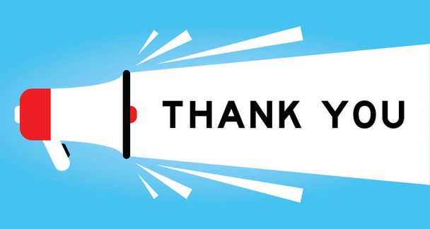Цвет мегафона значок со словом "спасибо" в белом баннере на синем фоне - Вектор,изображение