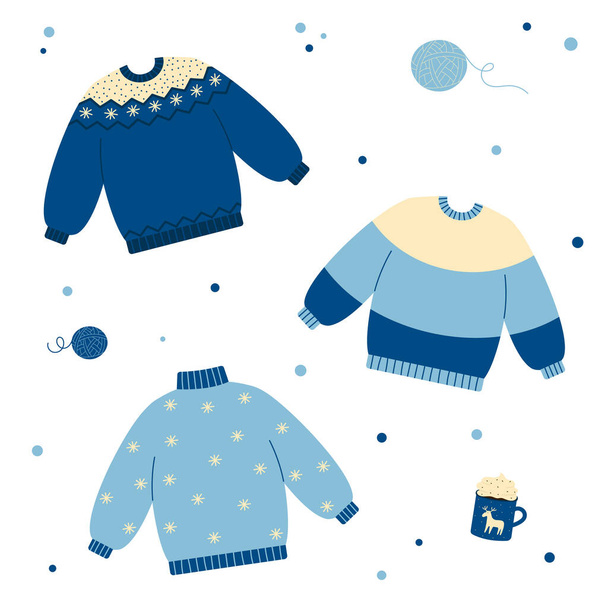 Set of warm sweaters in blue colors. Winter or autumn clothing. Doodle style. Christmas holidays mood. Isolated vector illustration  - Vetor, Imagem