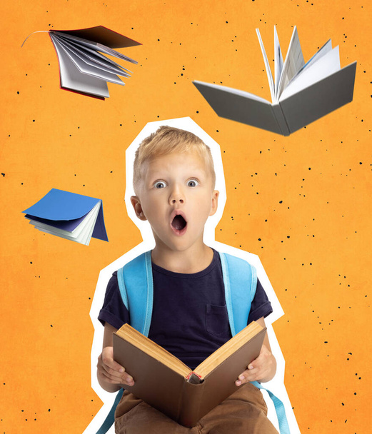Creative art collage of surprised little boy with shocked expression reading book, story isolated over orange background - Fotografie, Obrázek