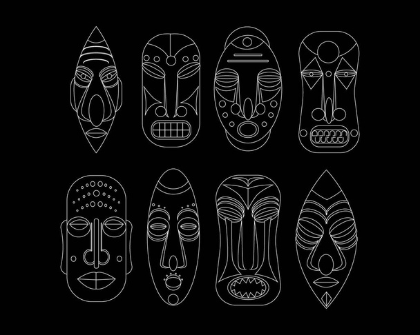 Ensemble de masques d'idoles isolés, illustration vectorielle, icône ou symbole de la culture drainei avec collection de têtes linéaires comme amulette africaine - Vecteur, image