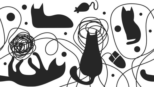 Seamless border with abstract black cats and thread - Vector, Image