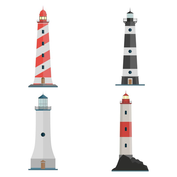 Набор икон маяка. Красные, черные, белые маяки. Туалеты-карусели для ориентирования в морских условиях. Морской маяк для безопасности и навигации. Плоский дизайн. Векторная иллюстрация - Вектор,изображение