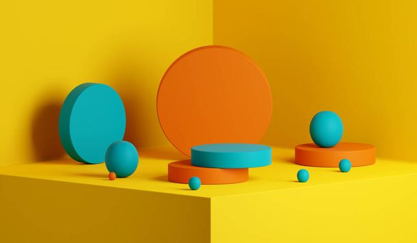Abstract yellow geometric composition background. Product stage platform in vibrant summer color palette. Minimal mockup 3d render design. - Zdjęcie, obraz