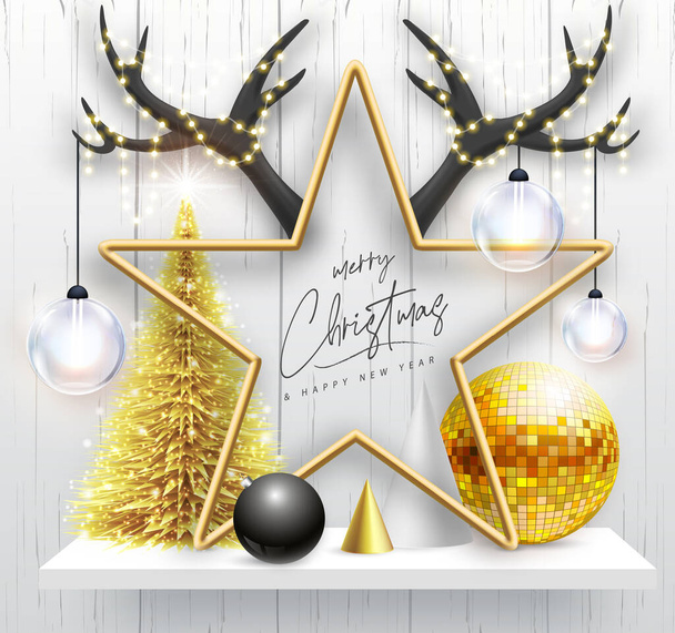 Merry Christmas and happy New Year poster with christmas holiday decorations. Christmas holiday background. Star shape with horns. Vector illustration - Vector, afbeelding