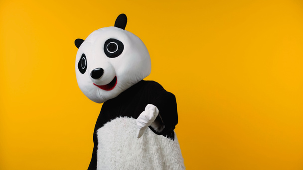 Panda kostümlü kişi, sarı renkte izole edilmiş birinden hoşlanmadığını gösteriyor.  - Fotoğraf, Görsel