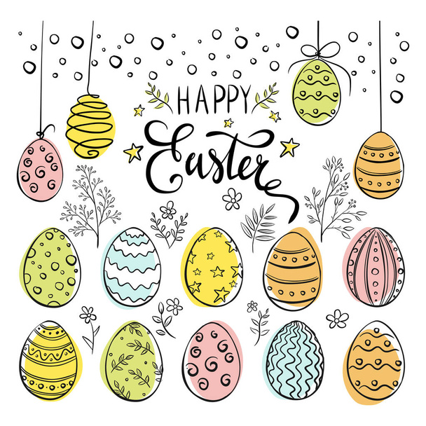 Collection of Happy Easter Items. Doodle style. Hand drawn Easter Eggs Set with floral decorative elements for sticker, print, greeting cards design and decoration - Vector, Image