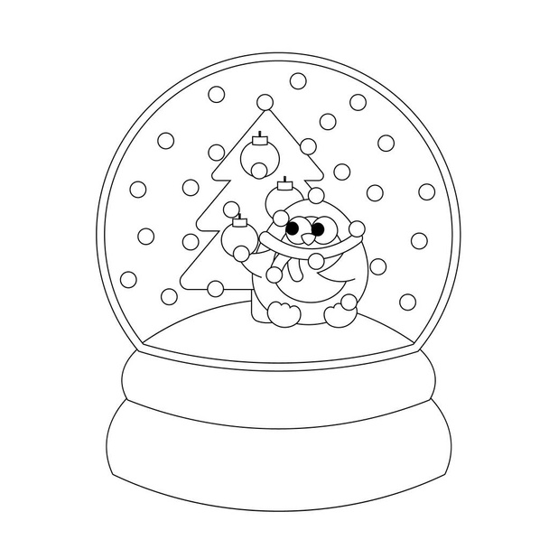 Bola de neve de Natal com pinguim e árvore de Natal. Desenhar ilustração em preto e branco - Vetor, Imagem
