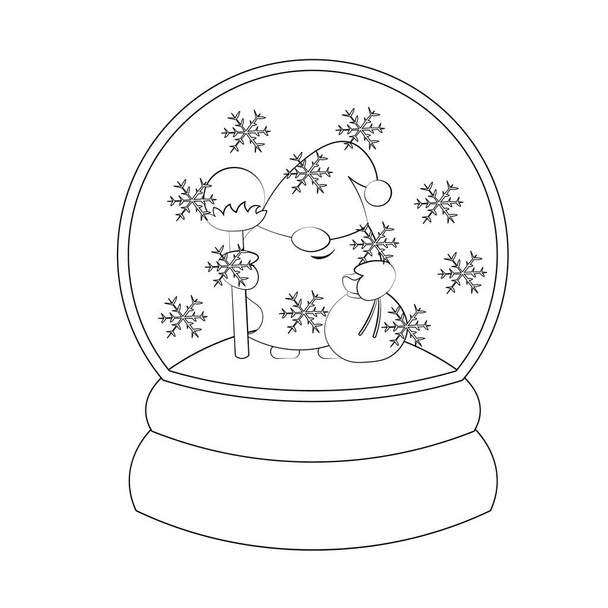 Świąteczna kula śnieżna z Mikołajem gnome. Rysuj ilustrację w czerni i bieli - Wektor, obraz