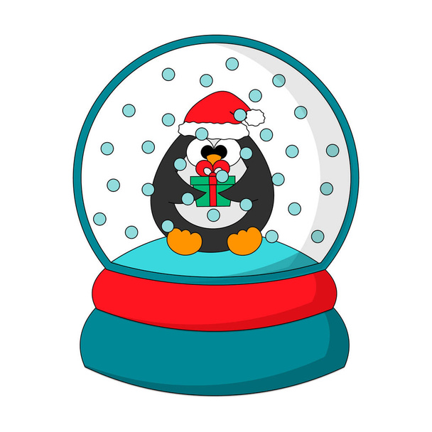 Bola de neve de Natal com pinguim e caixa de presente. Desenhe a ilustração na cor - Vetor, Imagem