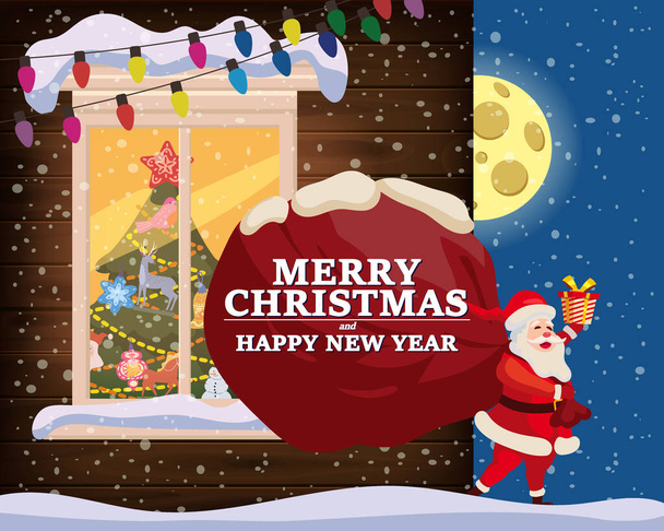 サンタクロースには贈り物の大きな袋があります。クリスマスウィンドウ、夜、装飾ガーランドレトロ、リビングルームのクリスマスツリー。クリスマスとお正月のお祝い。ベクトルイラストフラット漫画 - ベクター画像