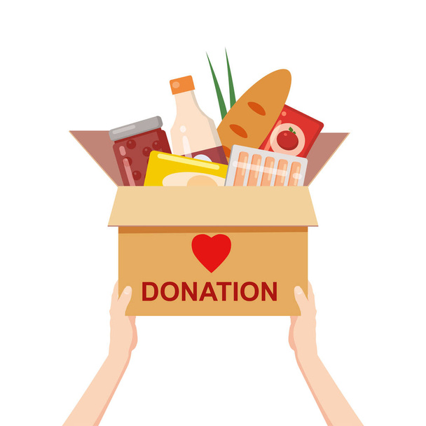 Handen vasthouden een donatie doos met voedsel liefdadigheid. Ingeblikt, brood, drankjes. Met tekst banner doneren. Cartoon vector illustratie - Vector, afbeelding