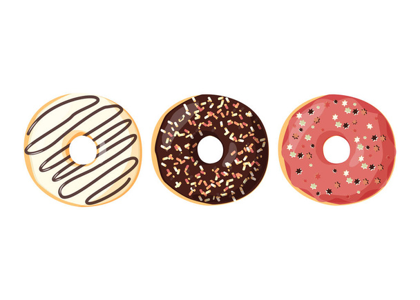 Conjunto de rosquillas coloridas realistas aisladas sobre fondo blanco. Vista superior colección de donuts vector con esmalte para el diseño del menú, decoración de la cafetería. - Vector, Imagen