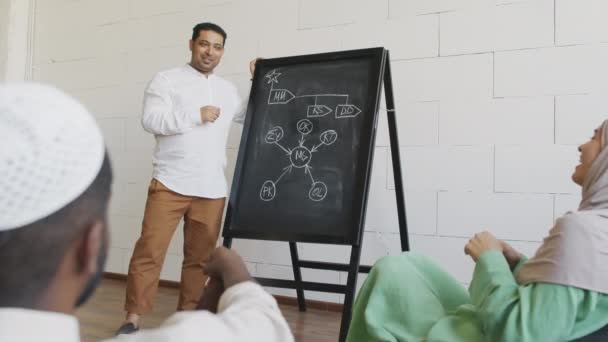 Volledig beeld van de man uit het Midden-Oosten die bij het schoolbord staat met een diagram, en overdag een presentatie geeft aan de bijgesneden vrouw en man die in de co-werkruimte zit, glimlachend - Video