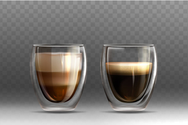 Realistyczny americano i kawa cappuccino w szklanych filiżankach - Wektor, obraz