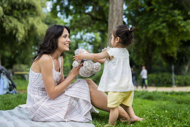 Side view of smiling mother sitting on blanket and suggesting soft grey toy bear to adorable child walking on grass at picnic in park  - Foto, immagini