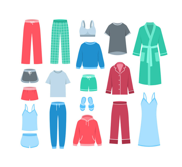女性の家庭服。フラットベクトルイラスト。自宅で着用する快適なラウンジウェア。パンツ、シャツ、パジャマ、バスローブ、居心地の良いスウェット、スウェットパンツやスリッパ。異なる女性の服 - ベクター画像
