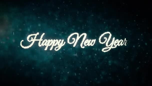 Feliz Año Nuevo texto de saludo de oro con partículas volando lejos - Metraje, vídeo