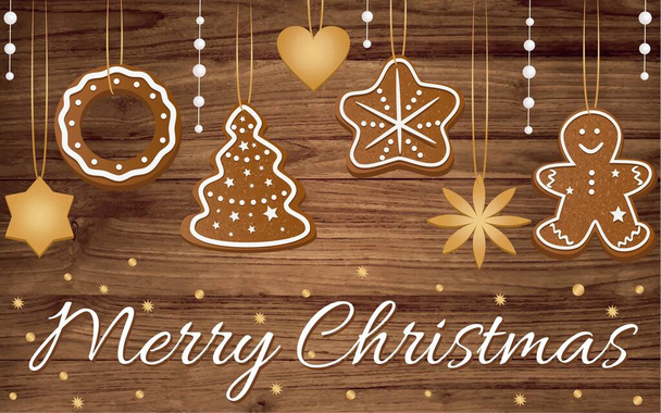Merry Christmas banner with gingerbread cookies. Vector illustration. - Vector, Image