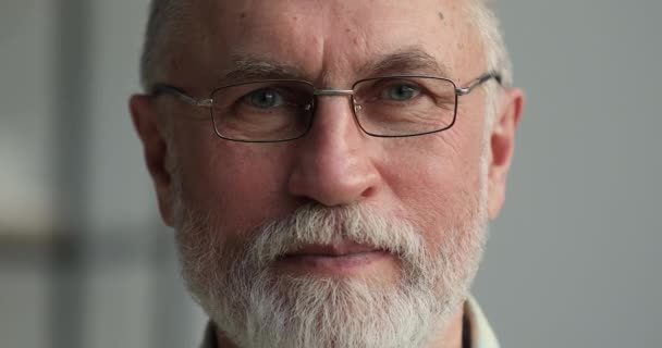 Portrait smiling mature male with grey beard moustache wearing glasses - Filmati, video