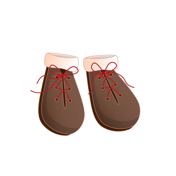 Illustration of baby brown shoes with white fur and red laces. - Διάνυσμα, εικόνα